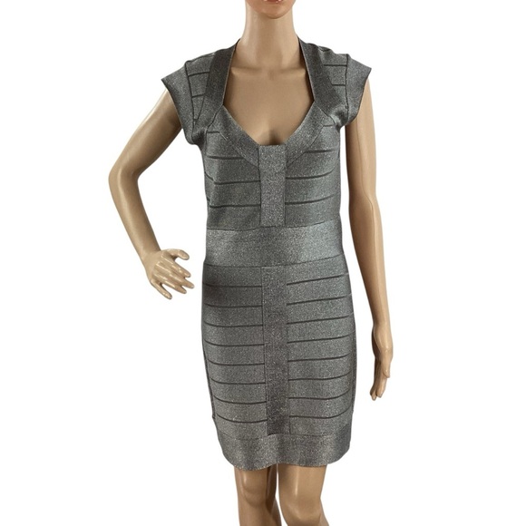 French Connection Spotlight Silver Metallic Knit Bodycon Dress Size 10 - Picture 1 of 7